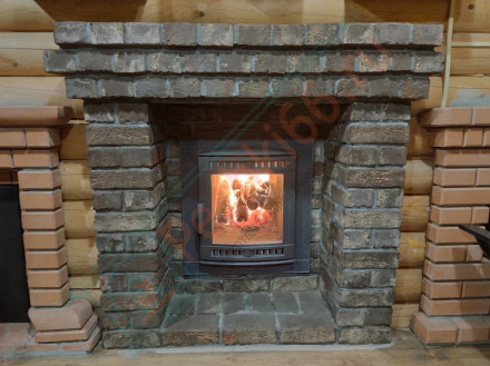 Печь для бани Атмосфера L+, усиленная каменка, комбинированная облицовка Окаменевшее дерево (ProMetall)