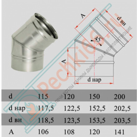 Отвод 45° без изол (НЕРЖ-321/0,5) d-200 (Дымок-Lux)